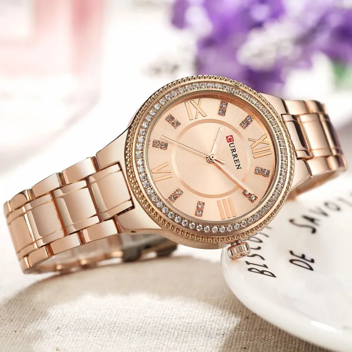 CURREN-9004 New Model | Women Original Luxury Crystal Elegant Bracelet Stainless Steel Watch + Unique Luminous Day/Date Chronograph Fashion Luxury Business