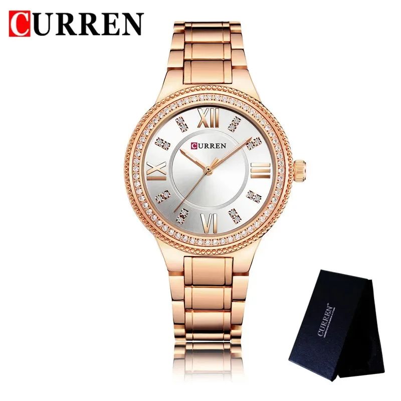 CURREN-9004 New Model | Women Original Luxury Crystal Elegant Bracelet Stainless Steel Watch + Unique Luminous Day/Date Chronograph Fashion Luxury Business
