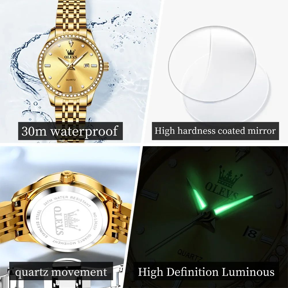 Original OLEVS 3625 Clock | New Brand Hand Clock Luxury Diamond Lap Calendar + Stainless Steel Band Shock Resistant Water Resistant Luminous Hands