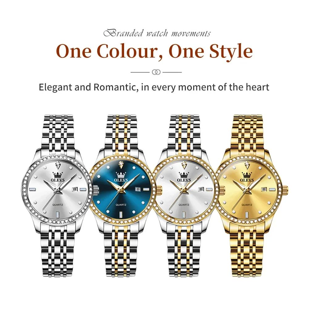 Original OLEVS 3625 Clock | New Brand Hand Clock Luxury Diamond Lap Calendar + Stainless Steel Band Shock Resistant Water Resistant Luminous Hands