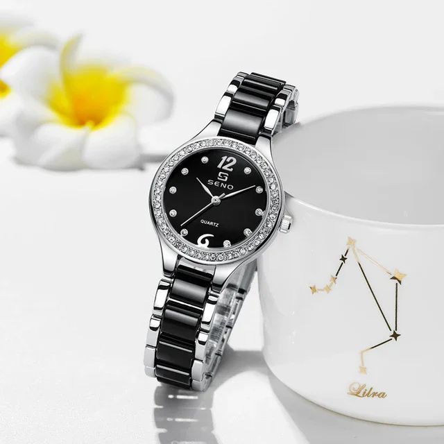 2025 SENO 034 Ladies Watch | High Quality Moon Phase Casual-Sports-Business Oriented Ceramic Strap Stainless Studded Clock + Luminous Hands Anti-magnetic Hollow out