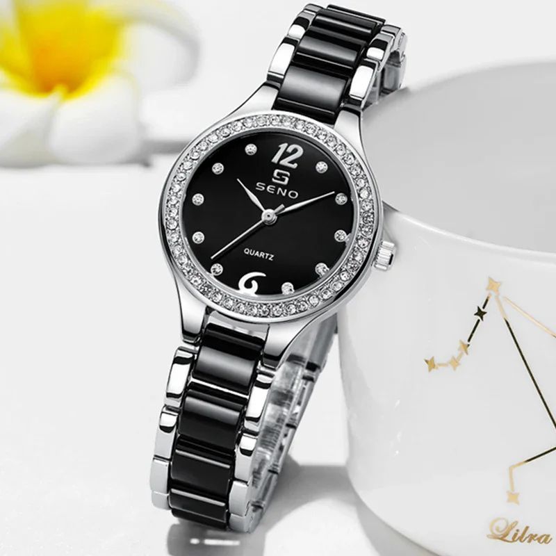 2025 SENO 034 Ladies Watch | High Quality Moon Phase Casual-Sports-Business Oriented Ceramic Strap Stainless Studded Clock + Luminous Hands Anti-magnetic Hollow out