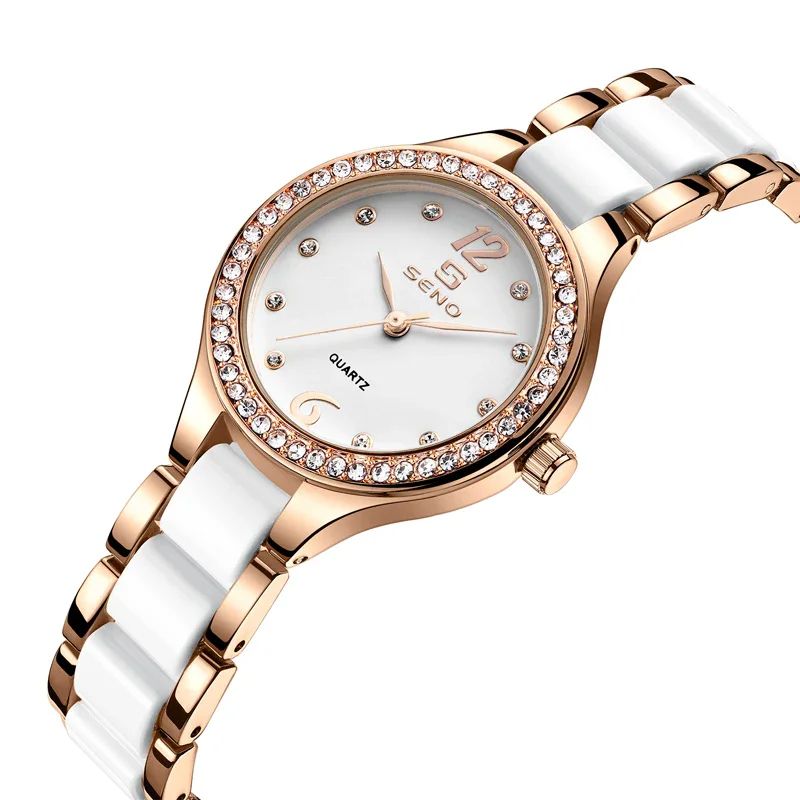2025 SENO 034 Ladies Watch | High Quality Moon Phase Casual-Sports-Business Oriented Ceramic Strap Stainless Studded Clock + Luminous Hands Anti-magnetic Hollow out