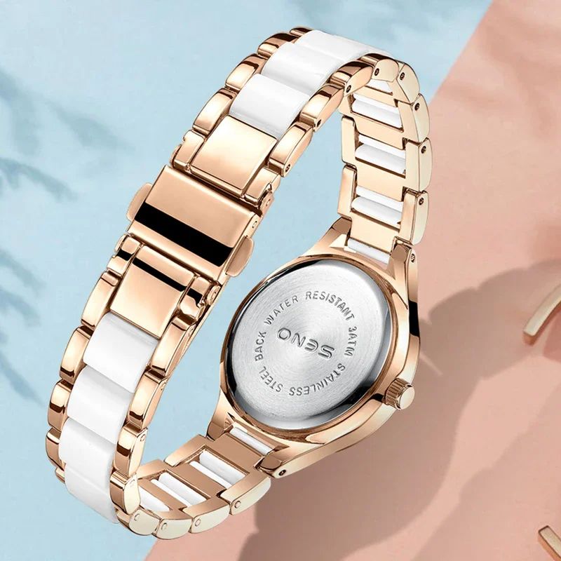 2025 SENO 034 Ladies Watch | High Quality Moon Phase Casual-Sports-Business Oriented Ceramic Strap Stainless Studded Clock + Luminous Hands Anti-magnetic Hollow out