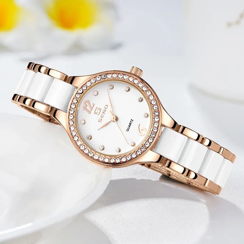 2025 SENO 034 Ladies Watch | High Quality Moon Phase Casual-Sports-Business Oriented Ceramic Strap Stainless Studded Clock + Luminous Hands Anti-magnetic Hollow out