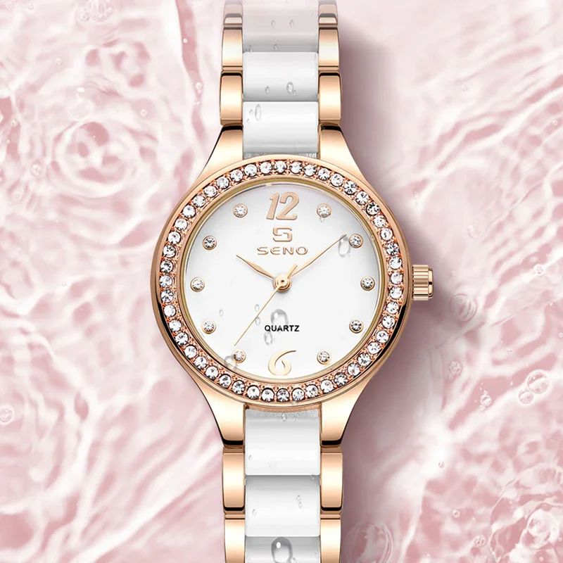 2025 SENO 034 Ladies Watch | High Quality Moon Phase Casual-Sports-Business Oriented Ceramic Strap Stainless Studded Clock + Luminous Hands Anti-magnetic Hollow out