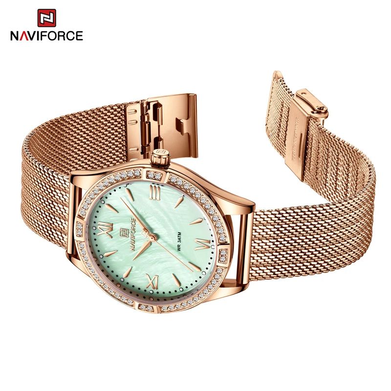2025 NAVIFORCE 5028 Timer | Luxury Woman Wristwatch Luminous Vintage Casual + Diamond Case Stainless Steel Bands 3atm Waterproofing Features