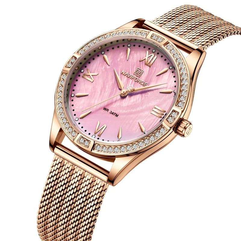 2025 NAVIFORCE 5028 Timer | Luxury Woman Wristwatch Luminous Vintage Casual + Diamond Case Stainless Steel Bands 3atm Waterproofing Features