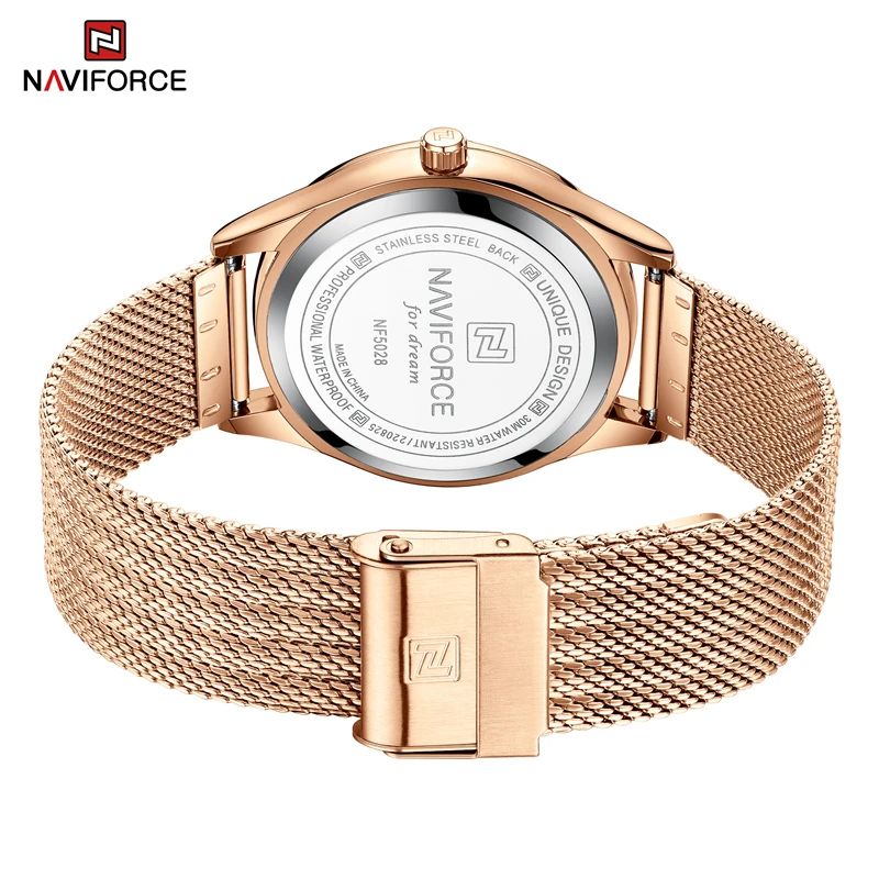 2025 NAVIFORCE 5028 Timer | Luxury Woman Wristwatch Luminous Vintage Casual + Diamond Case Stainless Steel Bands 3atm Waterproofing Features