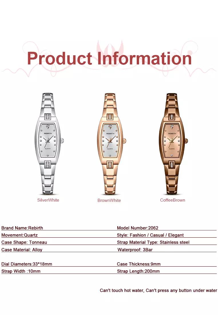 REBIRTH 2062 Watch | Original Style with 3atm Waterproofing Specs Elegant Timer Stainless Steel Case & Band + Diamond Spicings