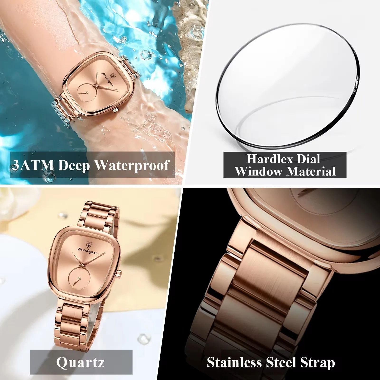 Rose Gold POEDAGAR 783 | High Quality Luxury Female Clock Watch Irregular Dial + Stainless Steel Case & Band Strap 3atm Waterproofing Quartz Movement