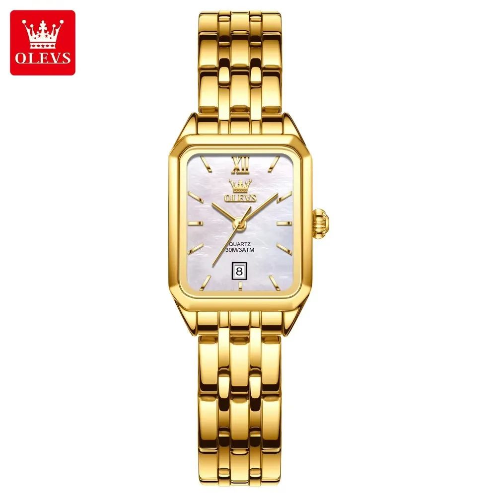 Square Golden OLEVS 5516 Elegant | Custom Roman Scale Fashion Stainless Steel Case & Strap Classic Gift Calendar Watch Waterproof Complete Buckle Clasp for Business & Casual Wear