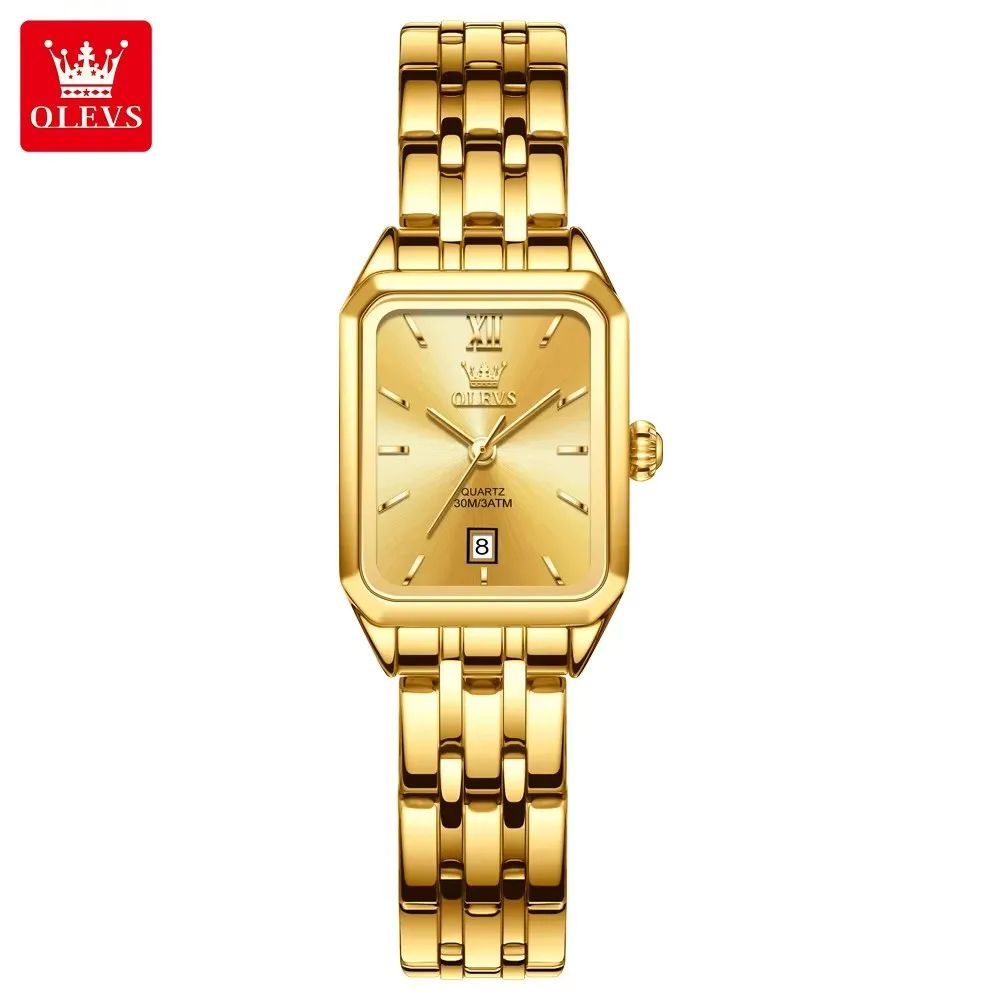 Square Golden OLEVS 5516 Elegant | Custom Roman Scale Fashion Stainless Steel Case & Strap Classic Gift Calendar Watch Waterproof Complete Buckle Clasp for Business & Casual Wear