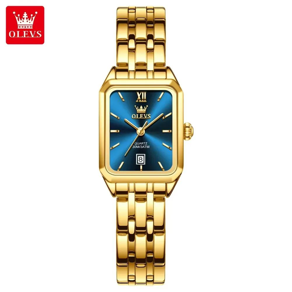 Square Golden OLEVS 5516 Elegant | Custom Roman Scale Fashion Stainless Steel Case & Strap Classic Gift Calendar Watch Waterproof Complete Buckle Clasp for Business & Casual Wear