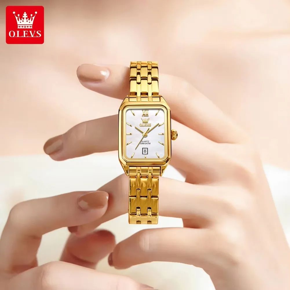 Square Golden OLEVS 5516 Elegant | Custom Roman Scale Fashion Stainless Steel Case & Strap Classic Gift Calendar Watch Waterproof Complete Buckle Clasp for Business & Casual Wear