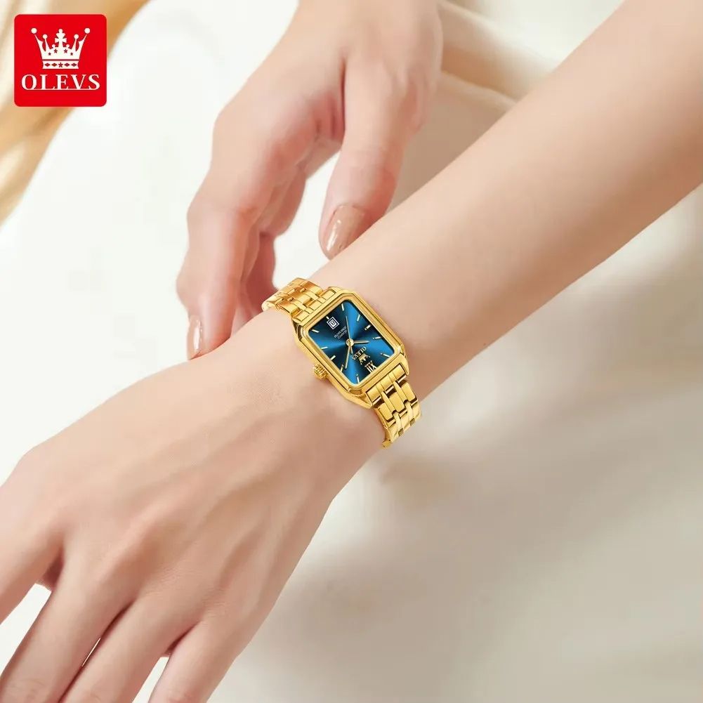 Square Golden OLEVS 5516 Elegant | Custom Roman Scale Fashion Stainless Steel Case & Strap Classic Gift Calendar Watch Waterproof Complete Buckle Clasp for Business & Casual Wear