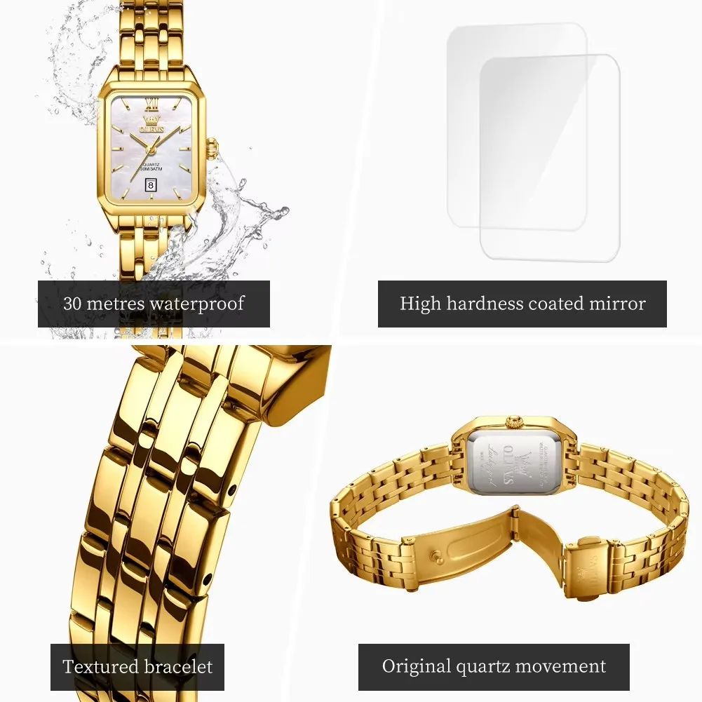 Square Golden OLEVS 5516 Elegant | Custom Roman Scale Fashion Stainless Steel Case & Strap Classic Gift Calendar Watch Waterproof Complete Buckle Clasp for Business & Casual Wear