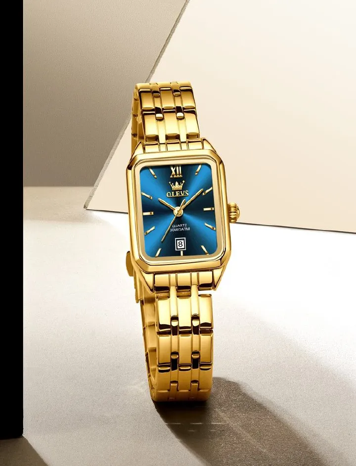 Square Golden OLEVS 5516 Elegant | Custom Roman Scale Fashion Stainless Steel Case & Strap Classic Gift Calendar Watch Waterproof Complete Buckle Clasp for Business & Casual Wear