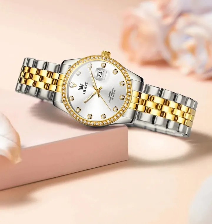OLEVS 3629 Ladies 2025 - Fashionista Quartz Gift Clock with Round-dial Case Stainless Steel Watchband Elegant Classic Original Wristwatch + Diamond Dial Date Waterproof FIT