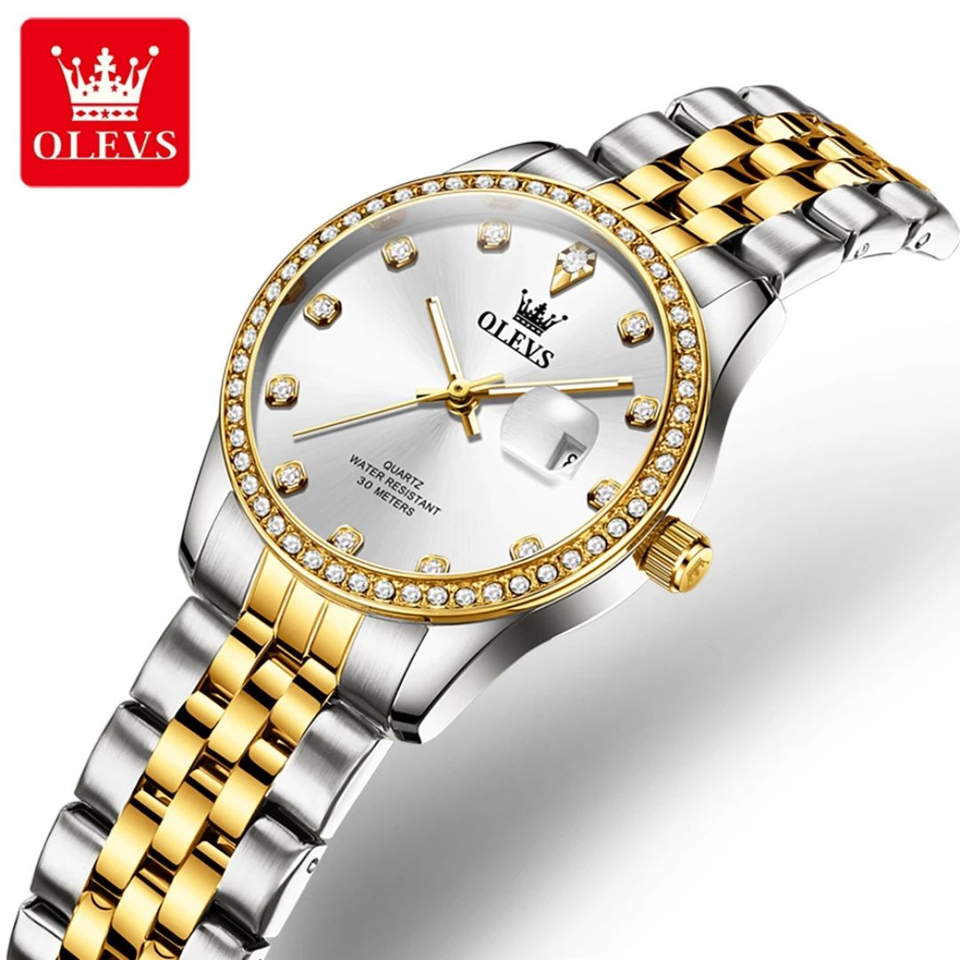 OLEVS 3629 Ladies 2025 - Fashionista Quartz Gift Clock with Round-dial Case Stainless Steel Watchband Elegant Classic Original Wristwatch + Diamond Dial Date Waterproof FIT