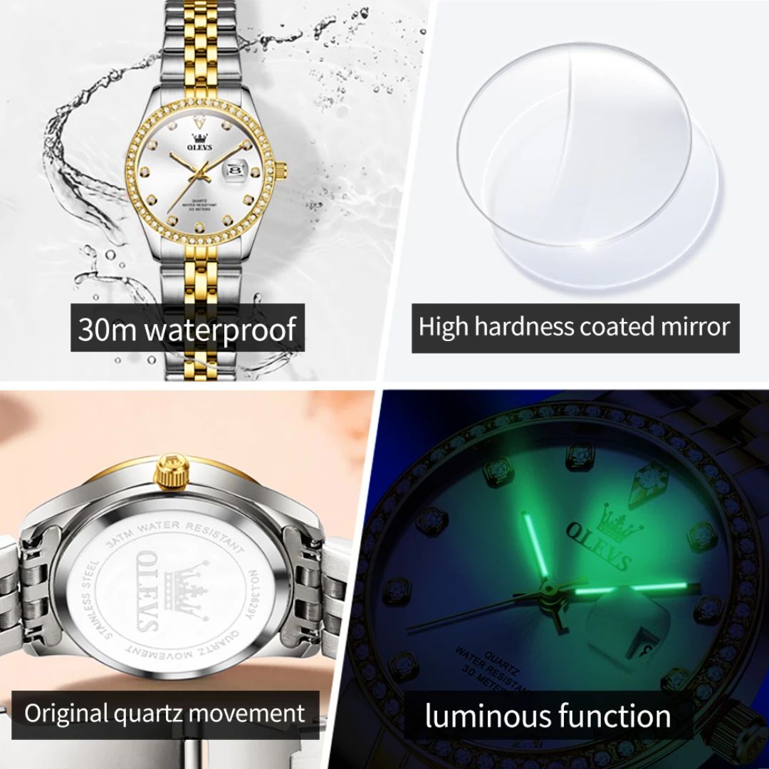 OLEVS 3629 Ladies 2025 - Fashionista Quartz Gift Clock with Round-dial Case Stainless Steel Watchband Elegant Classic Original Wristwatch + Diamond Dial Date Waterproof FIT