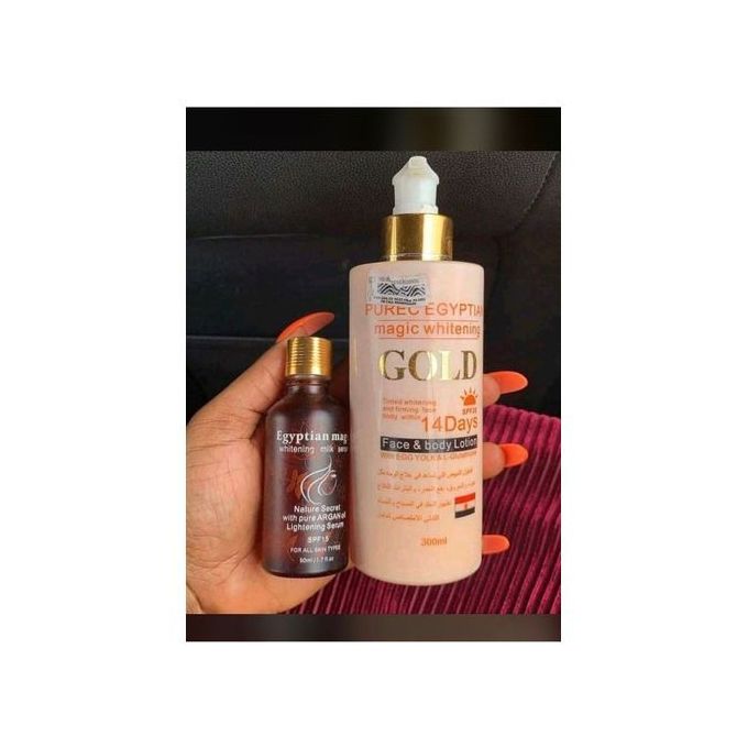 Egyptian Magic Purec Egyptian Magic Whitening Gold Body Lotion+ Serum Set. Fades dark knuckles. Heals stretchmarks and patches. Gives your skin the glowing and radiant youthful look