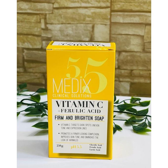Medix 5.5 Vitamin C + Ferulic acid firm and brighten soap. Indulge in the power of nature with Medix 5 5 Vitamin C + Ferulic Acid Firm and Brighten Soap. This luxurious bar soap is infused with the p
