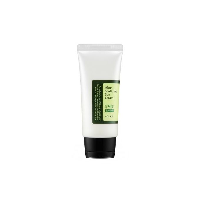 COSRX Aloe Soothing Sun Cream SPF50 PA+++ – 50ml. A lightweight, ultra-hydrating sunscreen that provides broad-spectrum protection while calming and moisturizing the skin with aloe vera.  Aloe-Infused