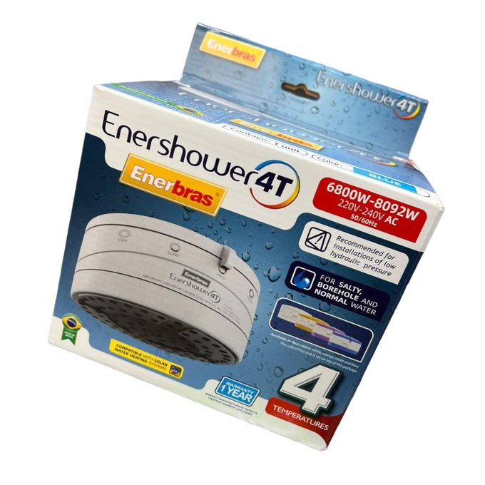 Enerbras Enershower 4T – Instant Shower Water Heater (4 Temperatures). Wide and uniform water spray for a more enjoyable shower experience. Compatible with all water types: salty, borehole, and norma