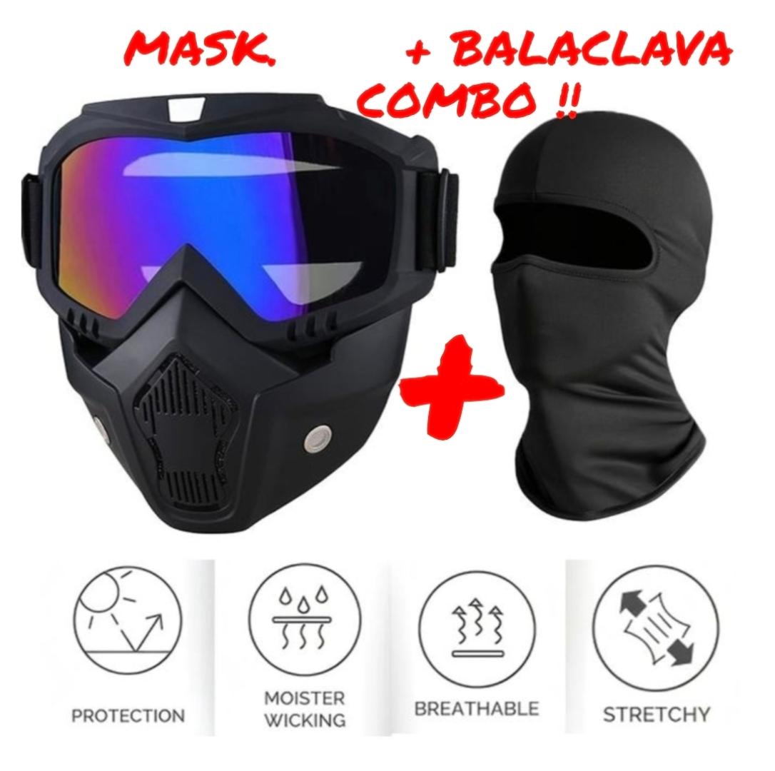 2 Pc COMBO!! Motorcycle Riding Full Face Mask Balaclava with Detachable Goggles for Dust Protection