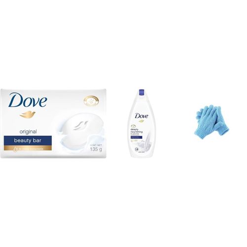 Dove Beauty Soap + Free Shower Gel + Free Bath Gloves. Dove Beauty Bar combines our gentle cleansers with ¼ moisturizing cream ; deliver skin natural nutrients while you cleanse and freshen the skin