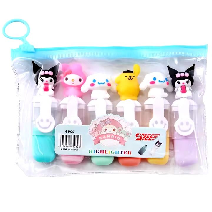 Cartoon Sanrioed Silicone 6 Colors Highlighter Pen Stationery Color Highlight Marker Pen