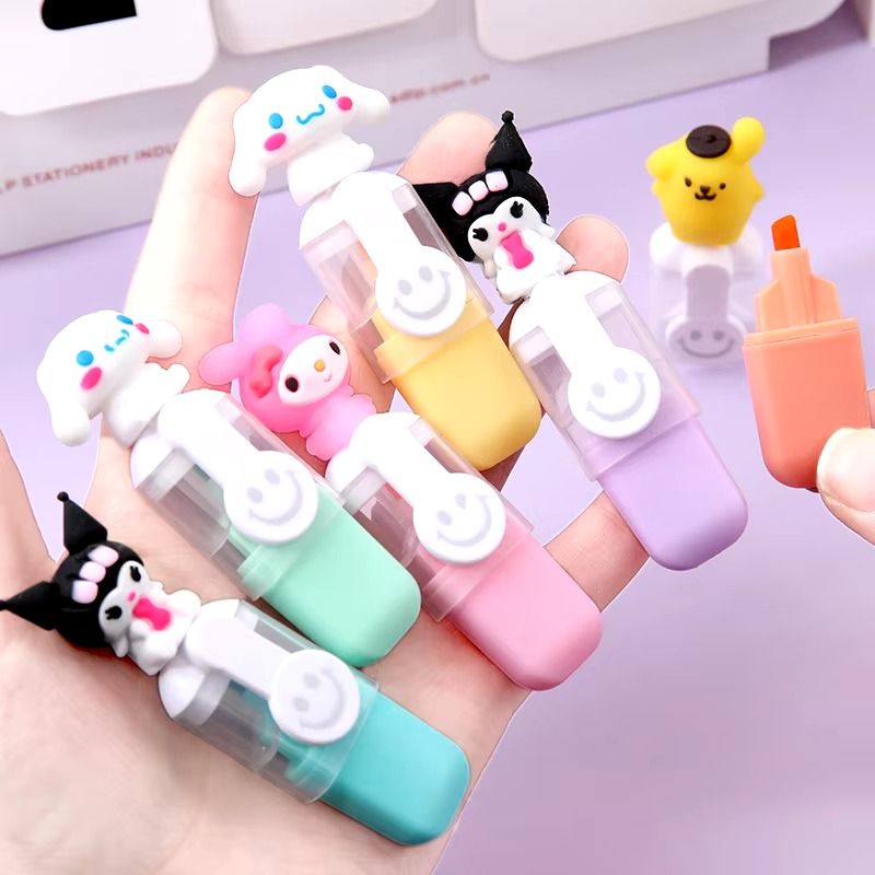 Cartoon Sanrioed Silicone 6 Colors Highlighter Pen Stationery Color Highlight Marker Pen