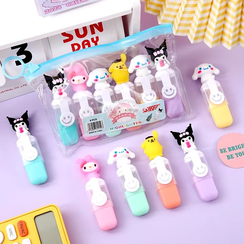 Cartoon Sanrioed Silicone 6 Colors Highlighter Pen Stationery Color Highlight Marker Pen
