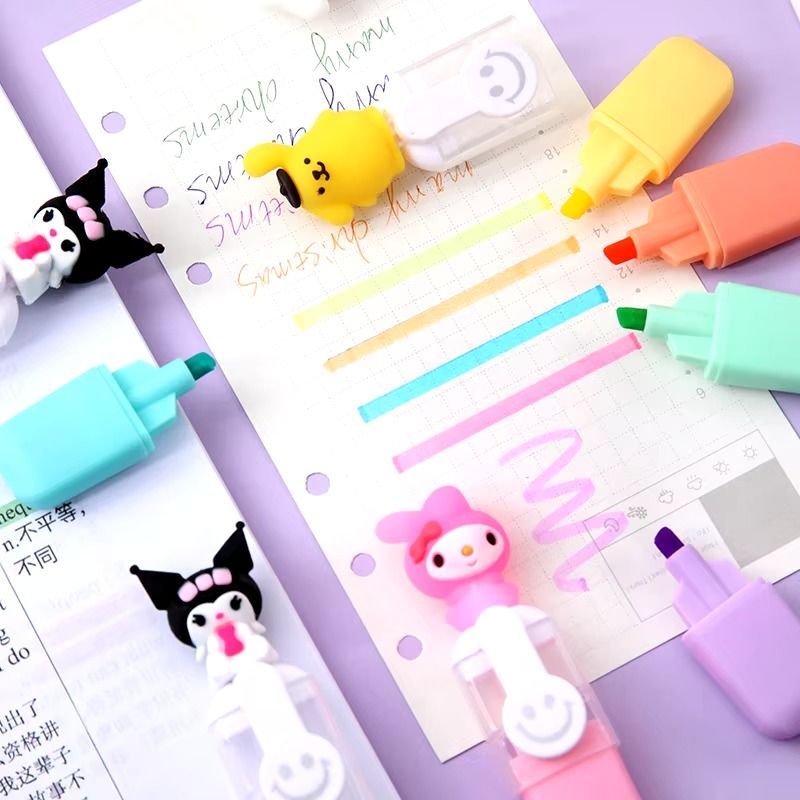 Cartoon Sanrioed Silicone 6 Colors Highlighter Pen Stationery Color Highlight Marker Pen