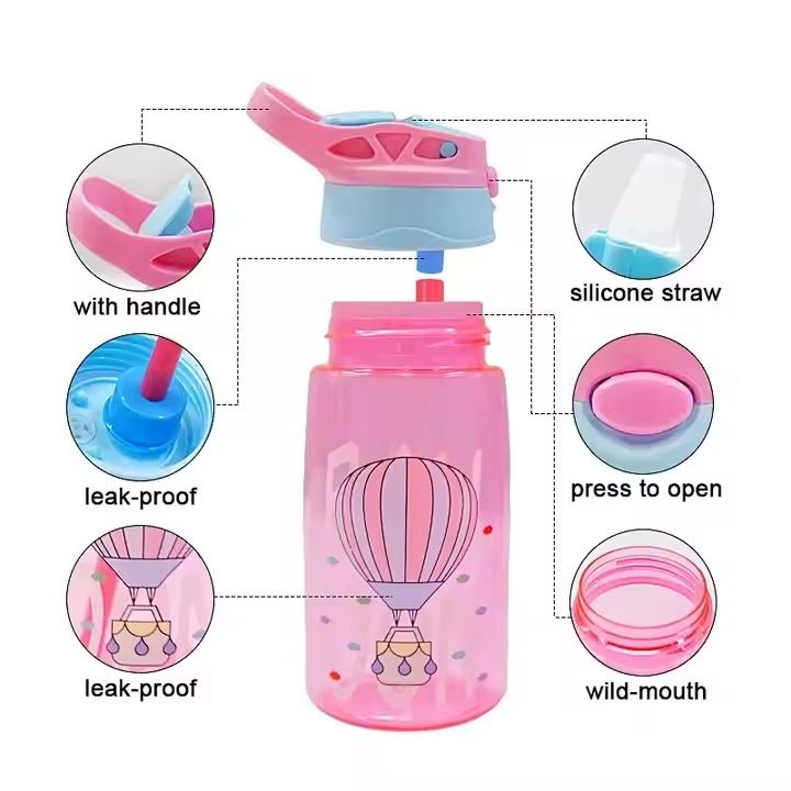 480ml Eco Friendly Portable Plastic Kids Water Bottle with Flip Straw BPA Free Sippy Cups Kids Water Bottle