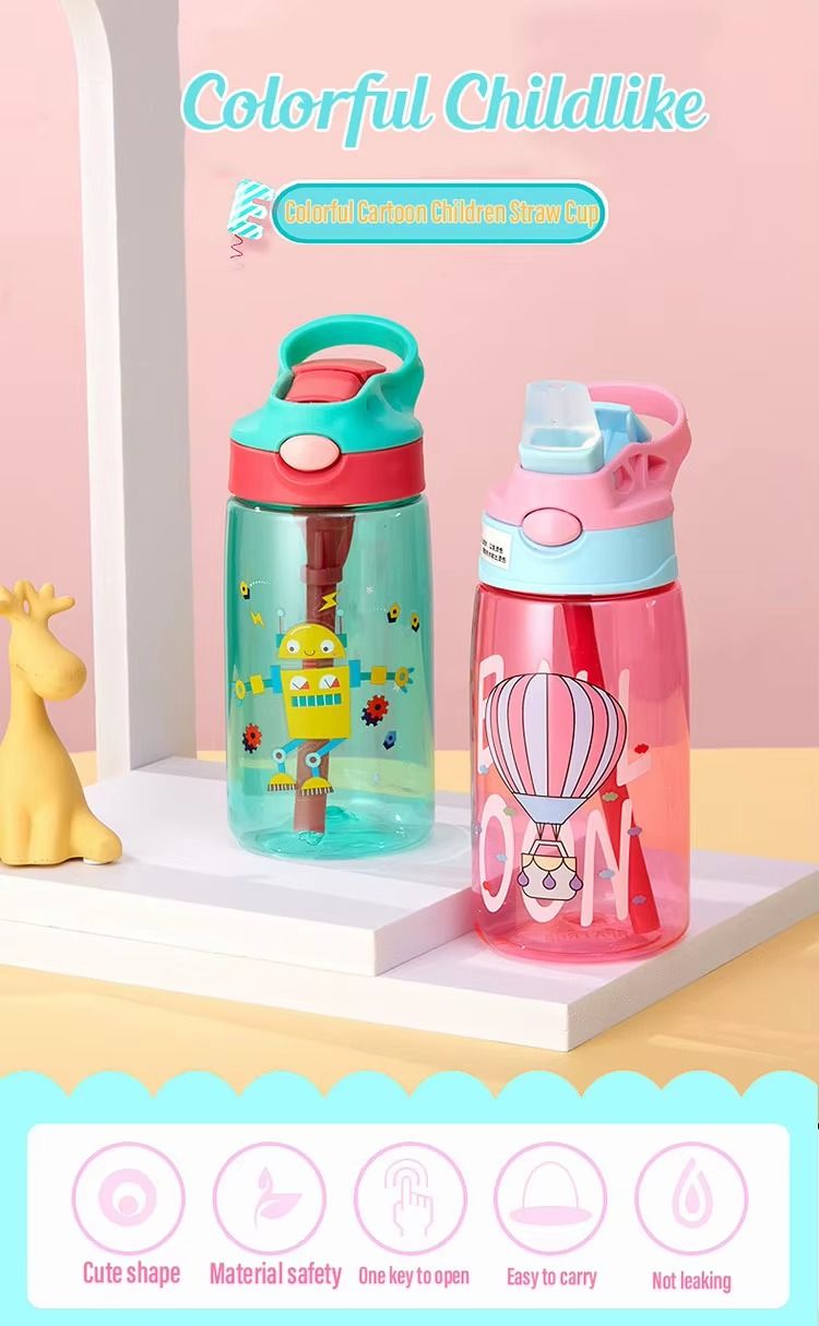 480ml Eco Friendly Portable Plastic Kids Water Bottle with Flip Straw BPA Free Sippy Cups Kids Water Bottle