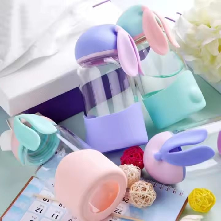 Cute Water Bottles Cartoon Rabbit Glass Bottle with Silicon Sleeve for Kids Student Girls Portable Drink Glass Cup