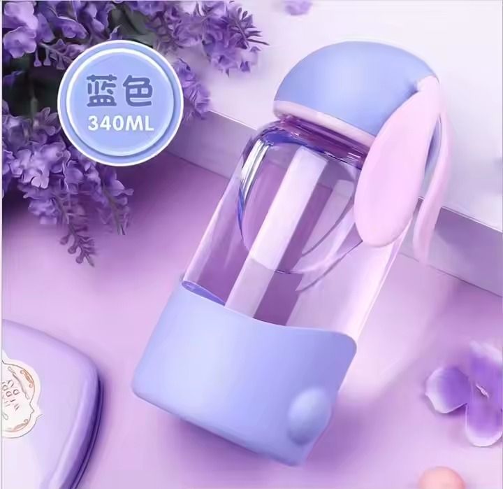 Cute Water Bottles Cartoon Rabbit Glass Bottle with Silicon Sleeve for Kids Student Girls Portable Drink Glass Cup