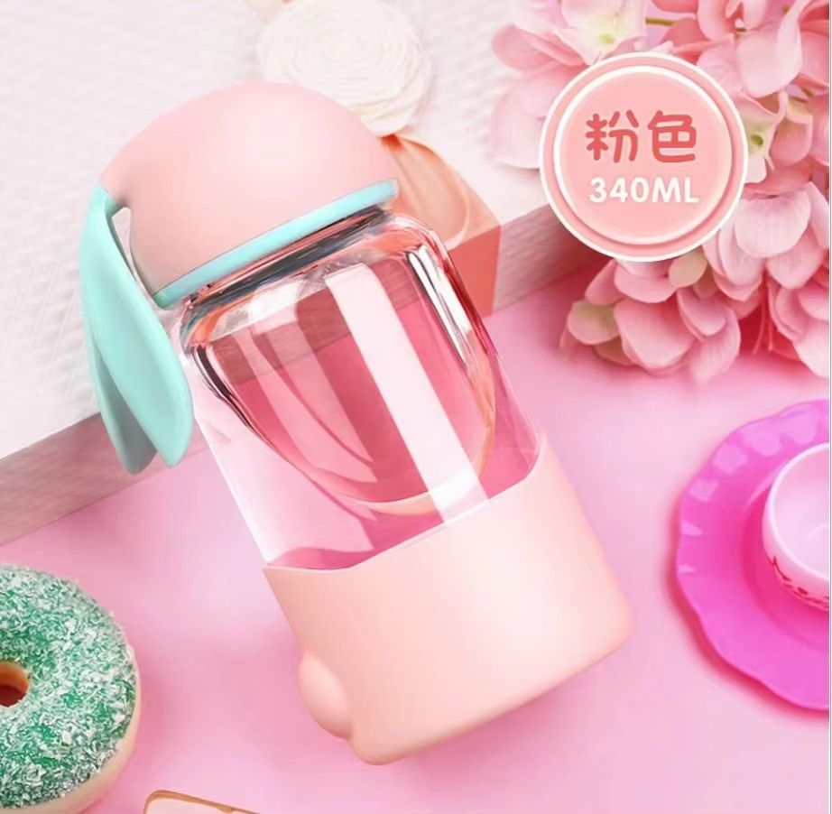 Cute Water Bottles Cartoon Rabbit Glass Bottle with Silicon Sleeve for Kids Student Girls Portable Drink Glass Cup
