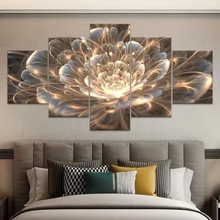 Modern Art Shining Flower Wooden Framed Canvas Poster and print 5 panel canvas wall art painting for living room wall decoration