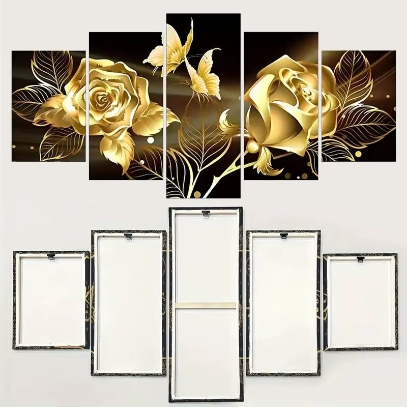 Modern Art Shining Flower Wooden Framed Canvas Poster and print 5 panel canvas wall art painting for living room wall decoration