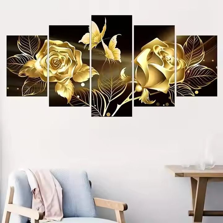 Modern Art Shining Flower Wooden Framed Canvas Poster and print 5 panel canvas wall art painting for living room wall decoration