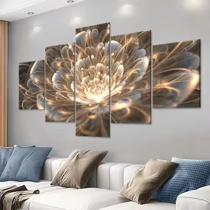 Modern Art Shining Flower Wooden Framed Canvas Poster and print 5 panel canvas wall art painting for living room wall decoration