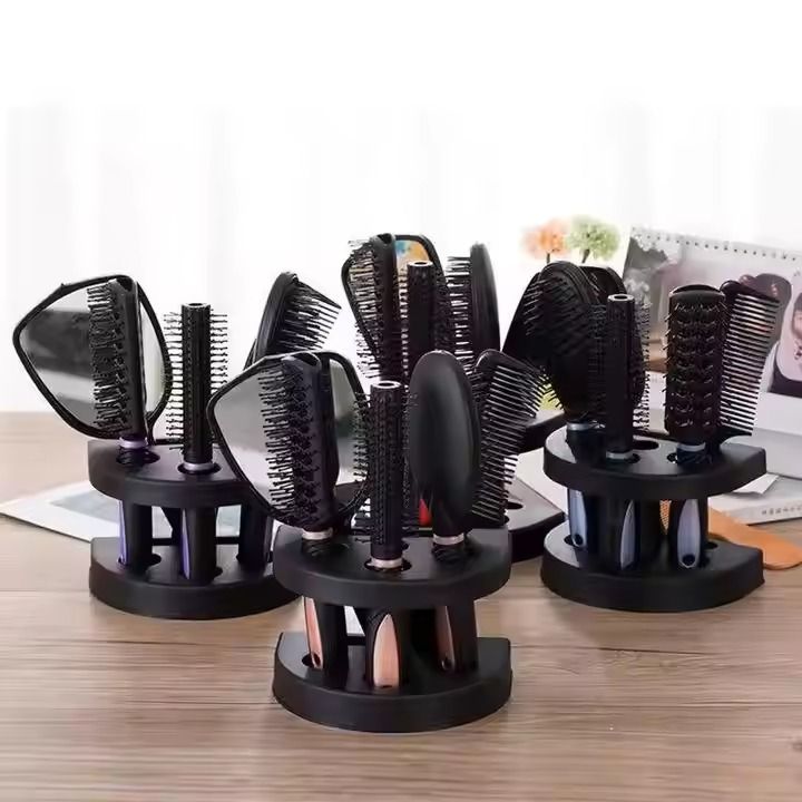 Professional 5pcs Barber Salon Massage Detangle Brush Styling Tool Mirror And Holder Stand Dressing Comb Kits Salon Hair Brush