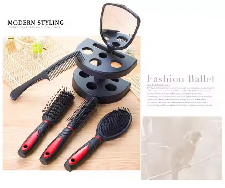 Professional 5pcs Barber Salon Massage Detangle Brush Styling Tool Mirror And Holder Stand Dressing Comb Kits Salon Hair Brush