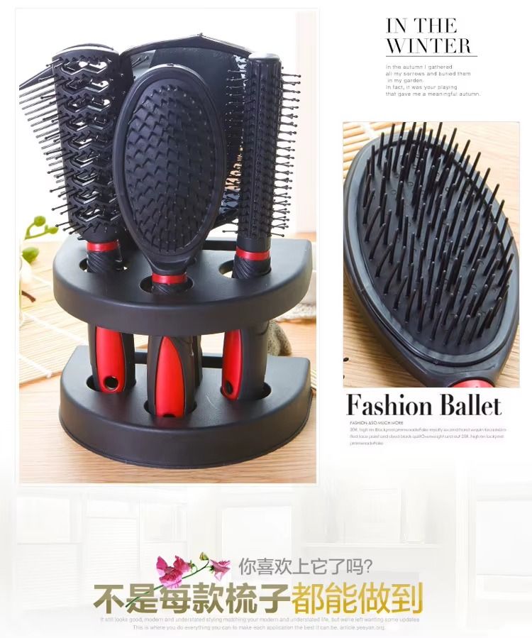 Professional 5pcs Barber Salon Massage Detangle Brush Styling Tool Mirror And Holder Stand Dressing Comb Kits Salon Hair Brush