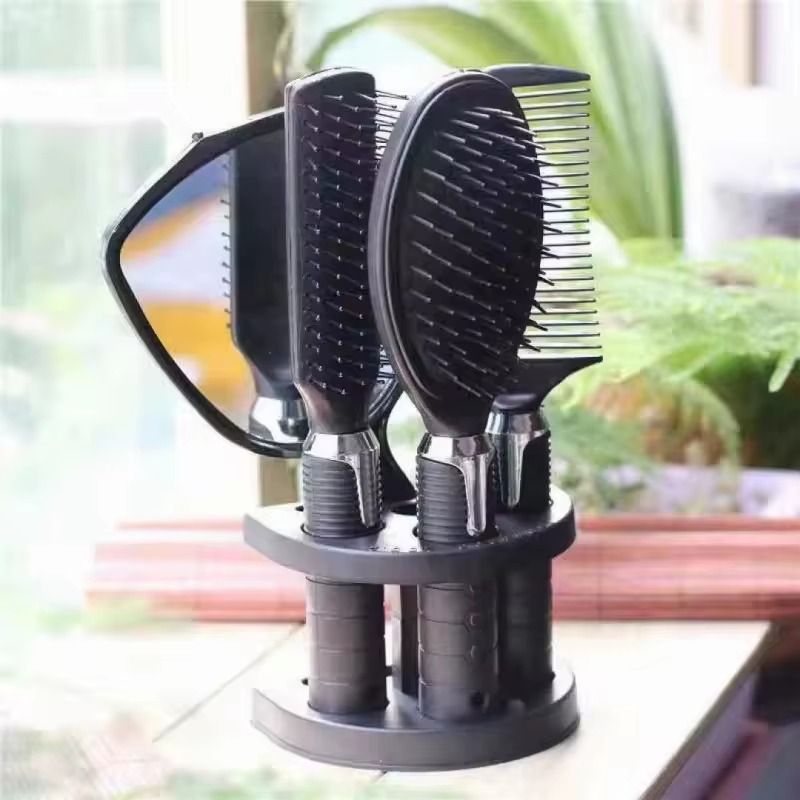 Professional 5pcs Barber Salon Massage Detangle Brush Styling Tool Mirror And Holder Stand Dressing Comb Kits Salon Hair Brush