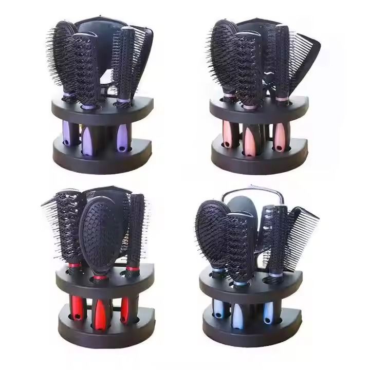Professional 5pcs Barber Salon Massage Detangle Brush Styling Tool Mirror And Holder Stand Dressing Comb Kits Salon Hair Brush