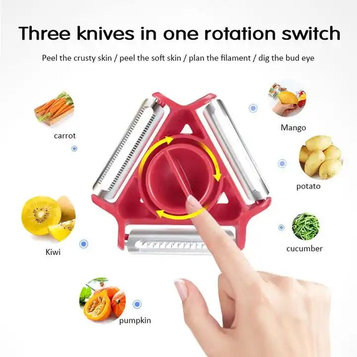 3 in 1 Rotary Round Vegetable Fruit Peeler Tool Multi- Functional Magic Trio Fruit Peeler With Stainless Steel Blade